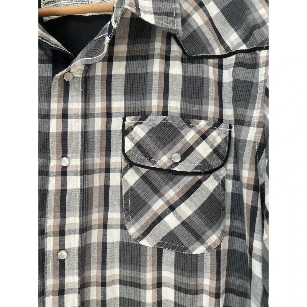 Levis Men L Western Pearl Snap Button up  Shirt Plaid Cotton Piping‎ CowBoy Gray